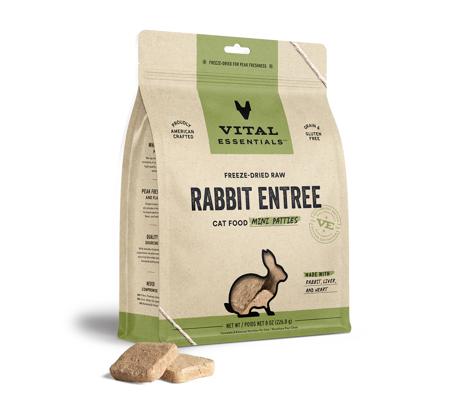 Vital Essentials Cat Freeze-Dried Rabbit Entree Mini Patties (8oz) - Tail Blazers Etobicoke