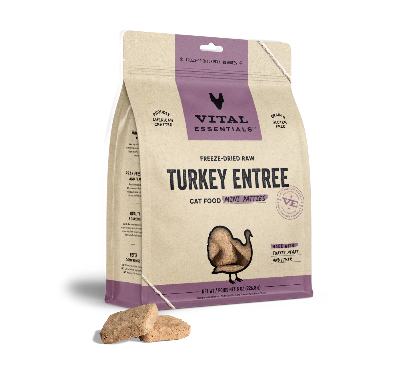 Vital Essentials Cat Freeze-Dried Turkey Entree Mini Patties (8oz) - Tail Blazers Etobicoke