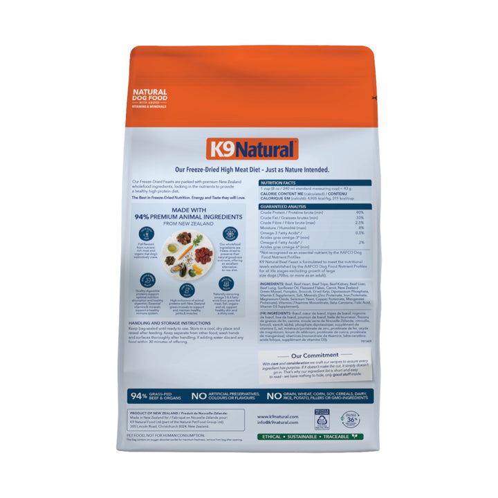 K9 Natural Freeze Dried Beef Dog Food (500g)