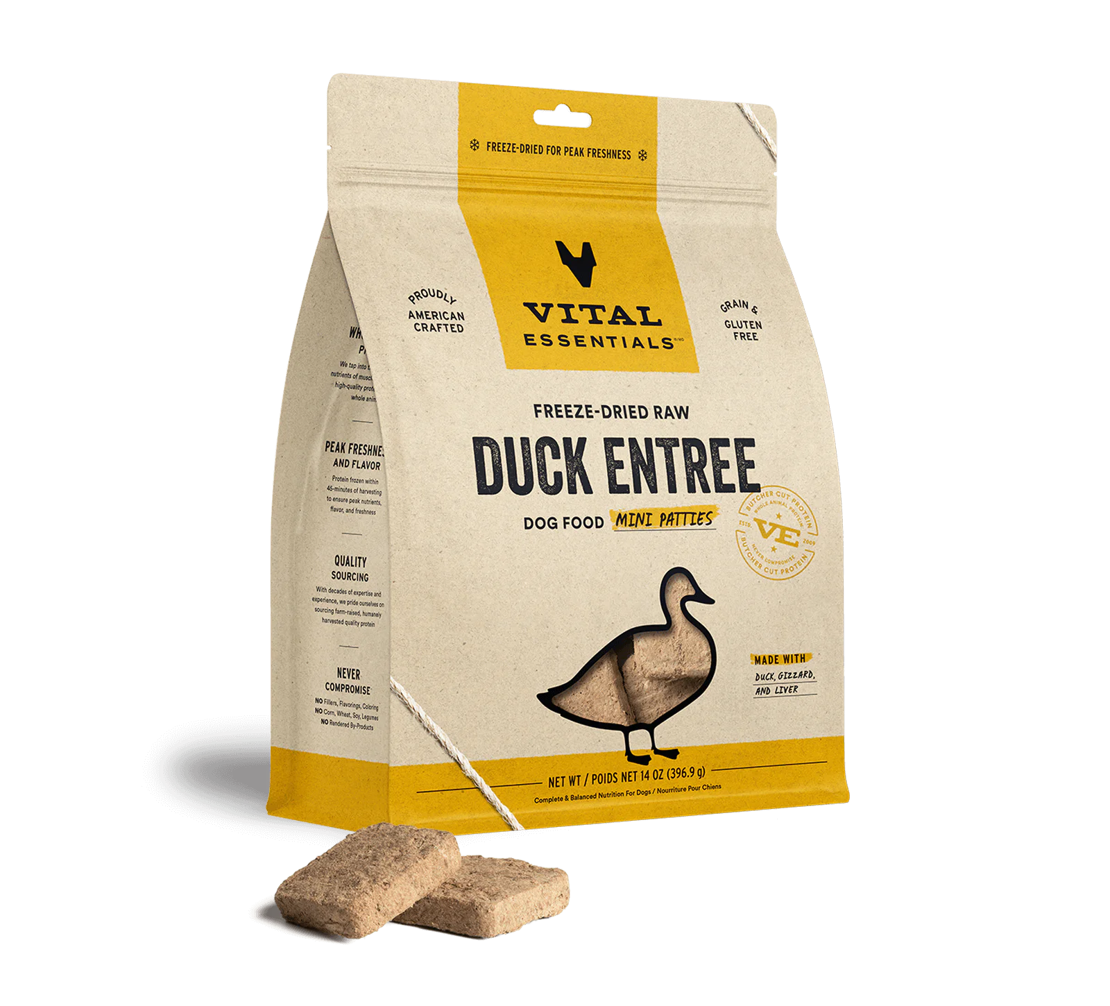 Vital Essentials Dog Freeze-Dried Duck Entree Mini Patties (14oz) - Tail Blazers Etobicoke