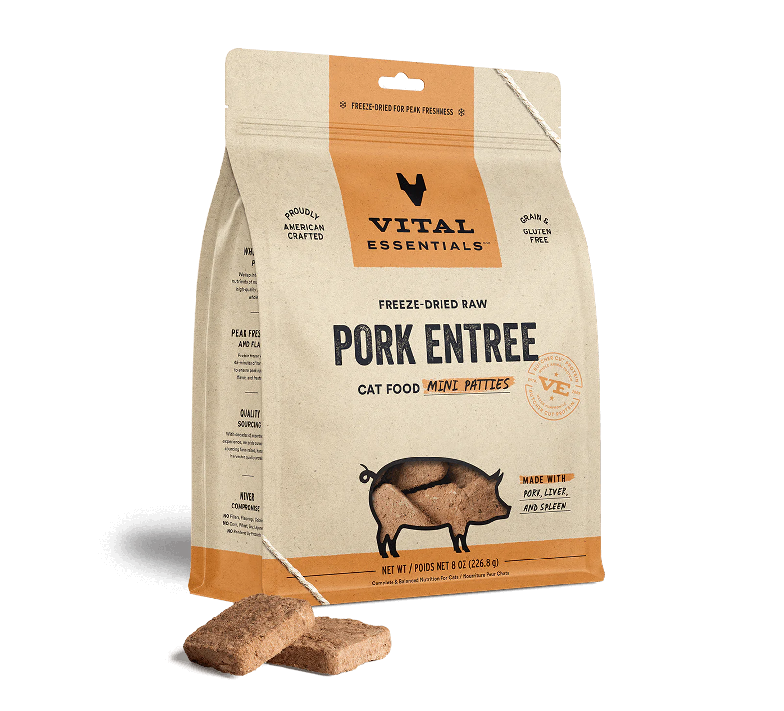 Vital Essentials Cat Freeze-Dried Pork Entree Mini Patties (8oz) - Tail Blazers Etobicoke