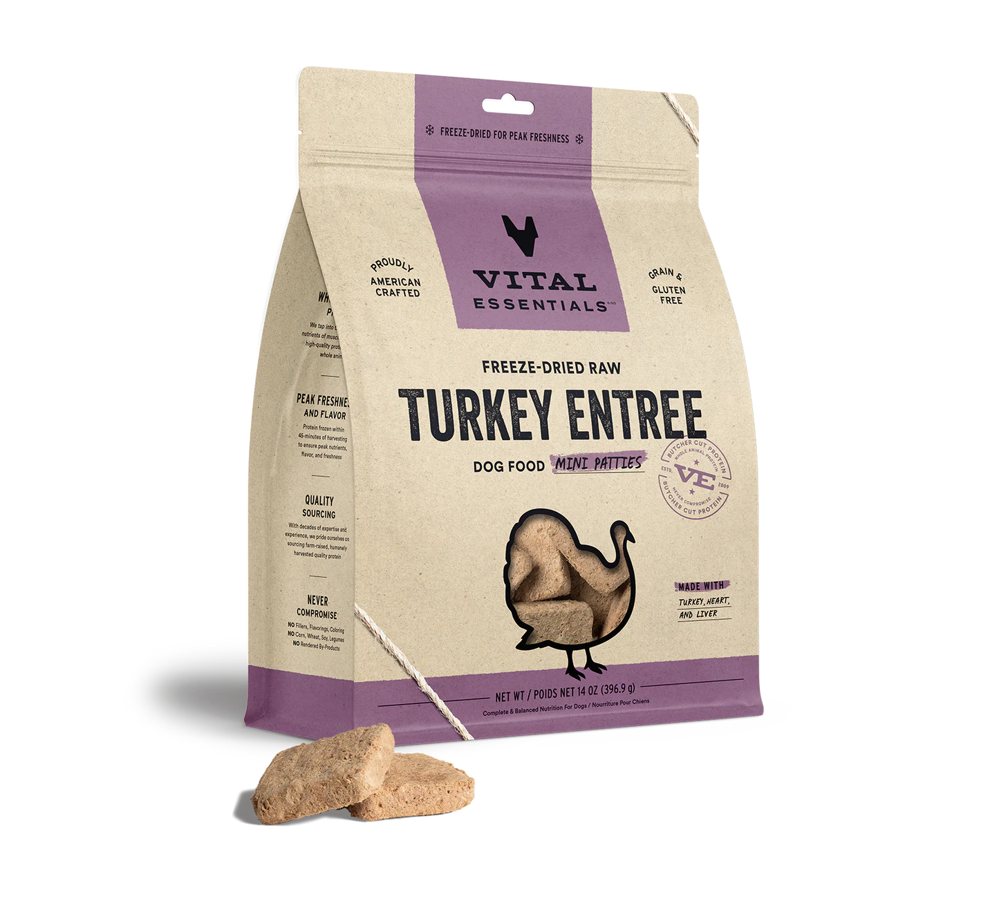 Vital Essentials Dog Freeze-Dried Turkey Entree Mini Patties (14oz) - Tail Blazers Etobicoke